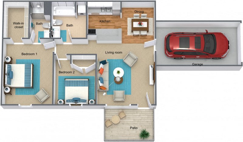 Floor plan for 2 beds, 2 baths, 936 sqft